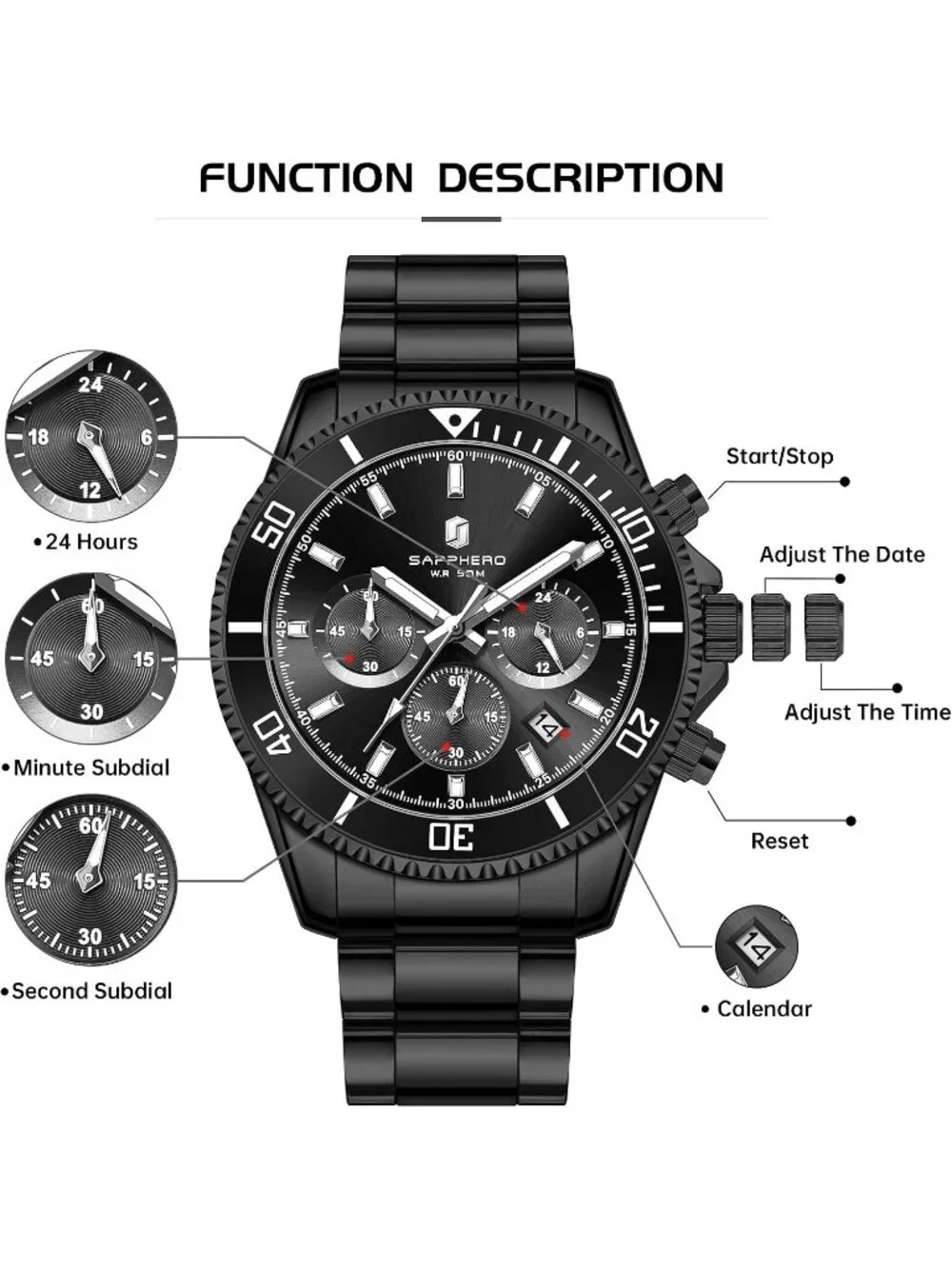 Men's Black Strap Black face Quartz Chronograph Stainless Steel Waterproof Watch